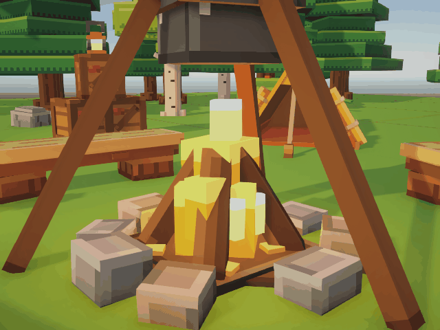 Animated campfire: flames flicker under the cooking pot.