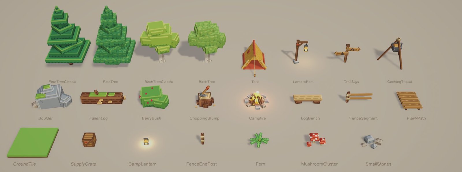 Showcase line-up of every prefab: both pine and birch tree styles, tent, lantern post, trail sign, cooking tripod, boulder, fallen log, berry bush, chopping stump, campfire, log bench, fence segment, plank path, ground tile, supply crate, camp lantern, fence end post, fern, mushroom cluster and small stones.