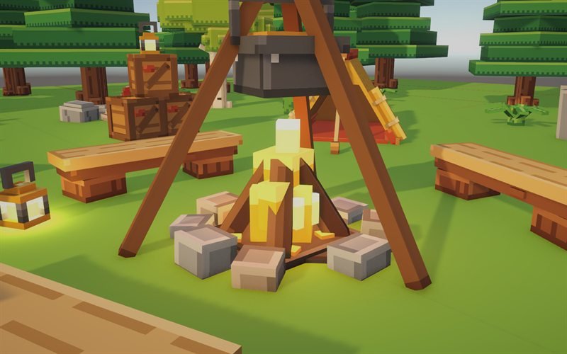 Close-up of the campfire with stones, cooking tripod, log benches and a lantern.
