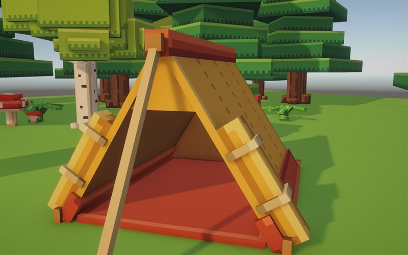 Close-up of the yellow A-frame tent with a red groundsheet.